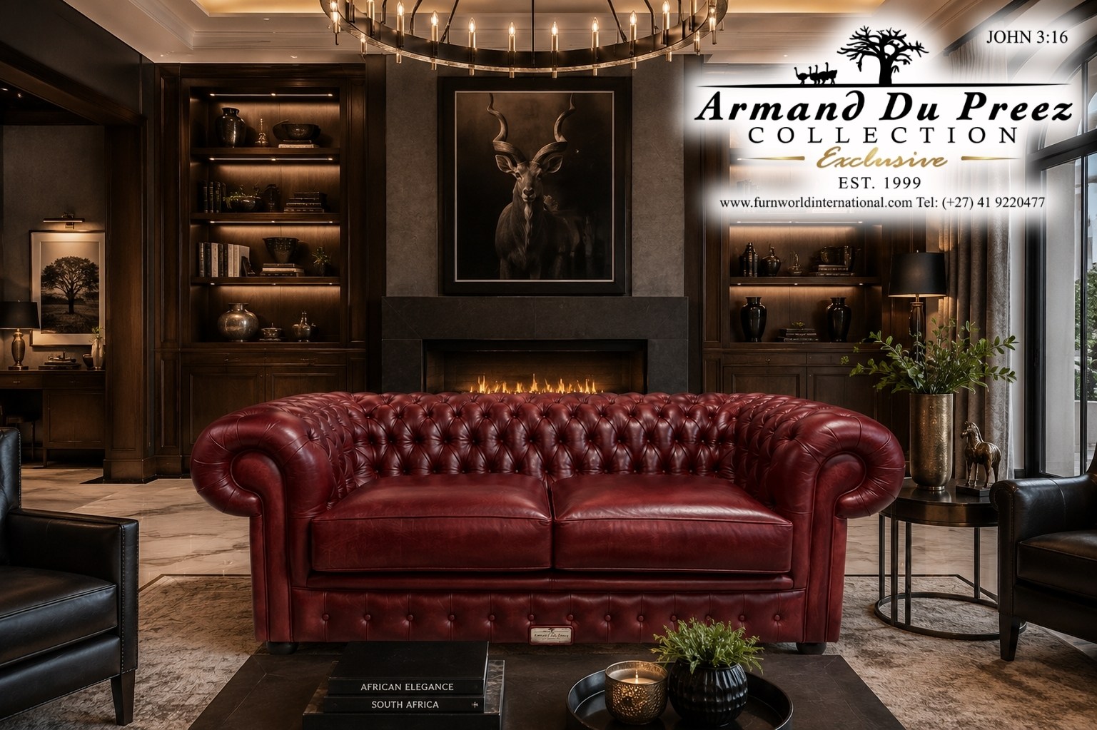 Chesterfield 4-Seater 2.3m Cherry Wood Red Genuine Leather | Furnworld International