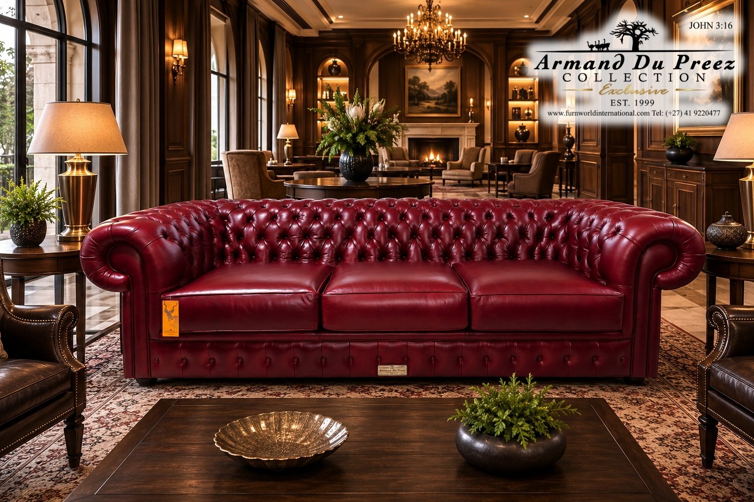 Chesterfield 4.5-Seater 2.7m Cherry Wood Red Genuine Leather Couch | Furnworld International