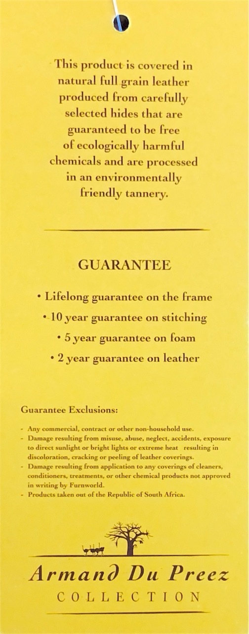 Kudu Leather Couch Warranty Card
