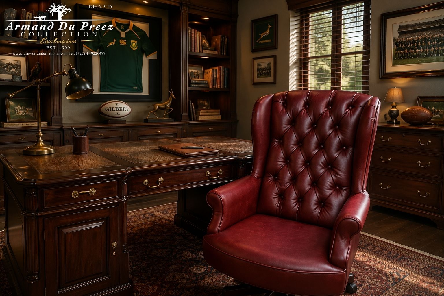 Chesterfield Executive Bureau Chair in Genuine Leather with Cherry Wood