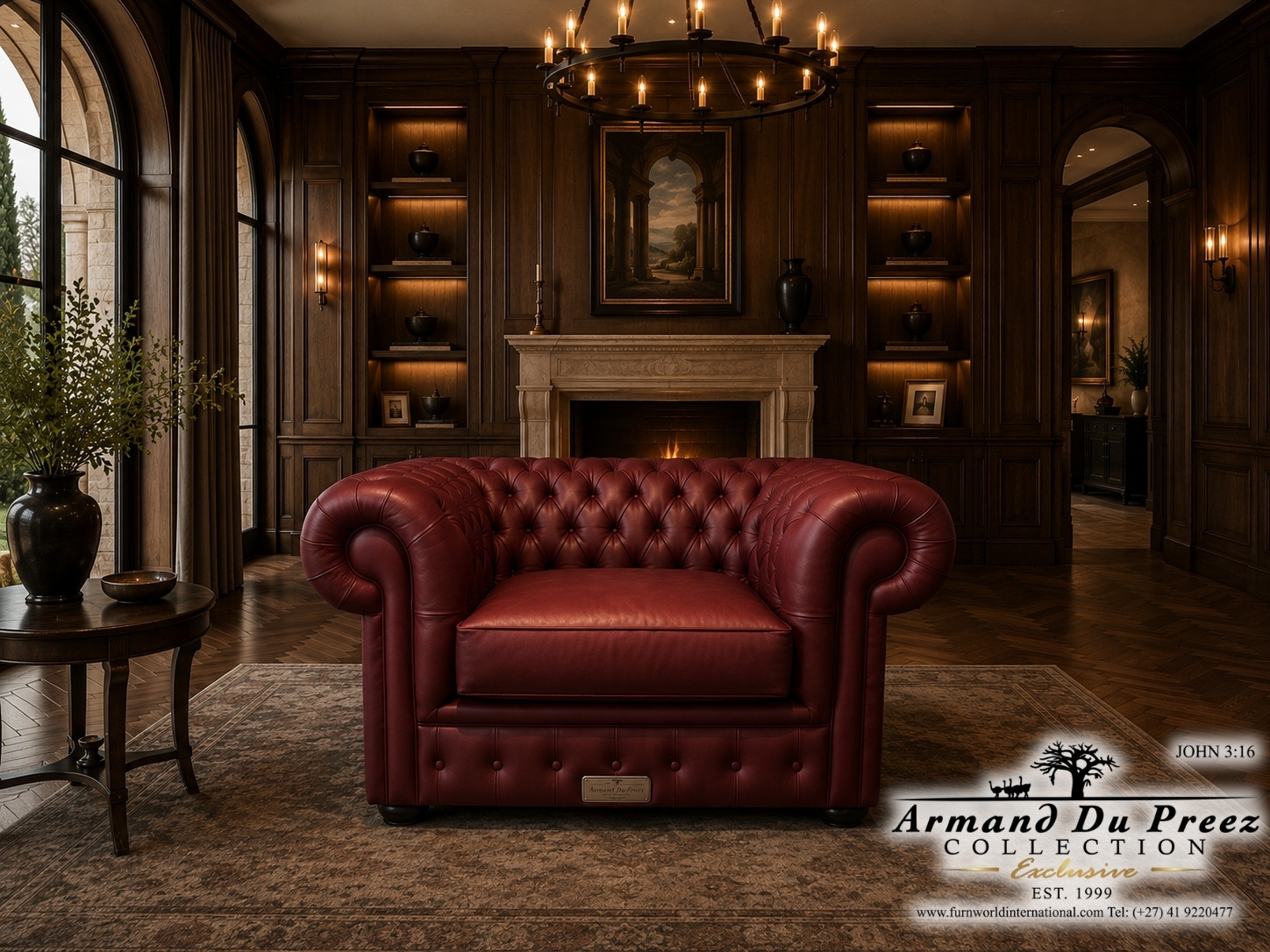Chesterfield Chair Cherry Wood Red Genuine Leather | Furnworld International