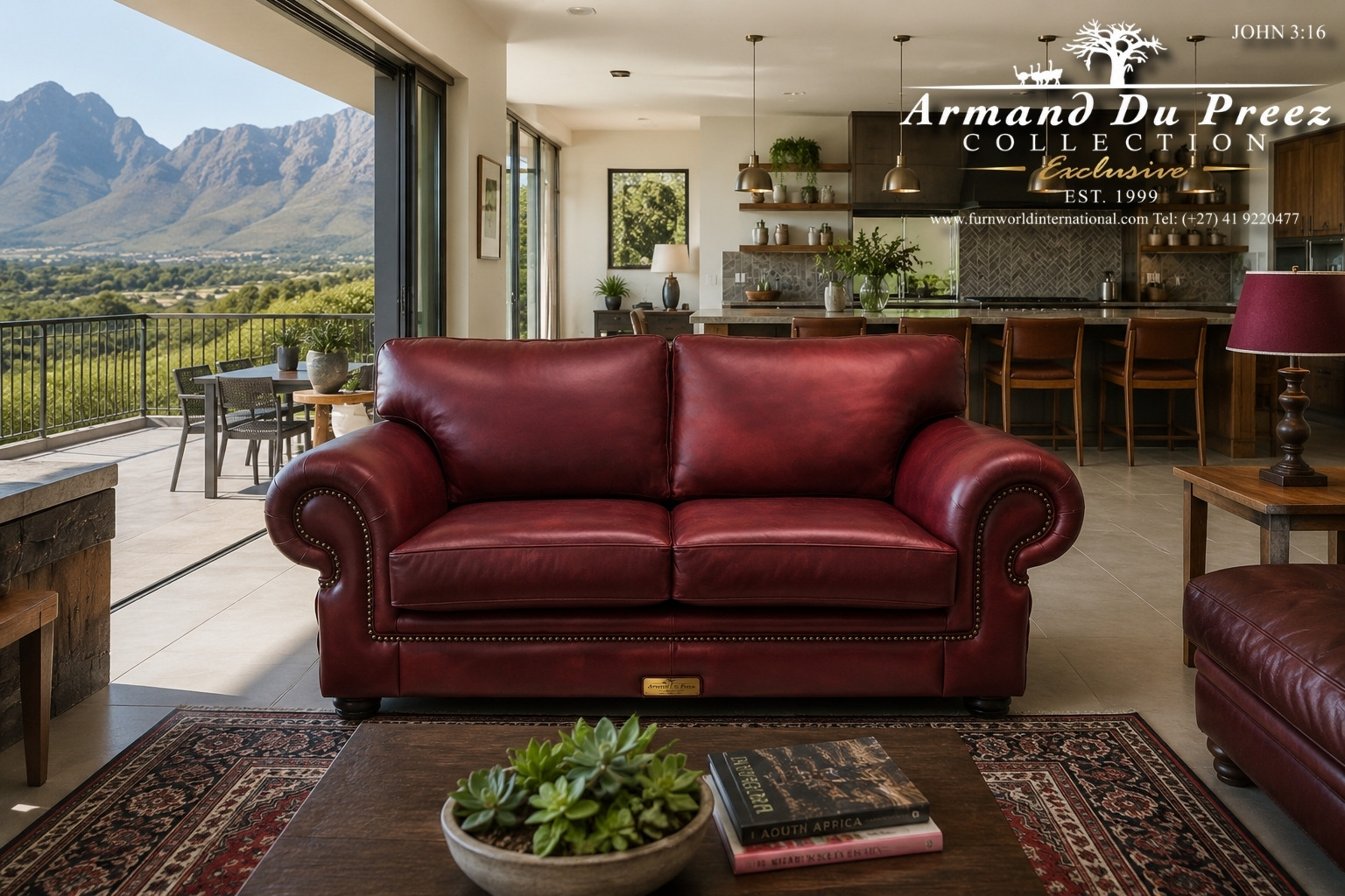 Kudu Cherry Wood Red Genuine Leather Couch | Armand du Preez Collection
