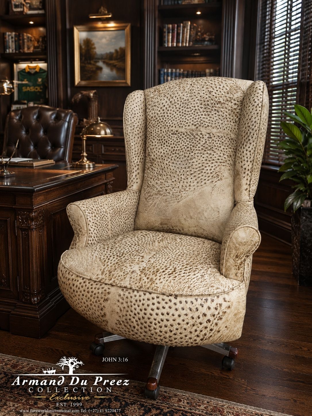 Cream Presidential Genuine Ostrich Leather Office Chair by the Armand du Preez Collection