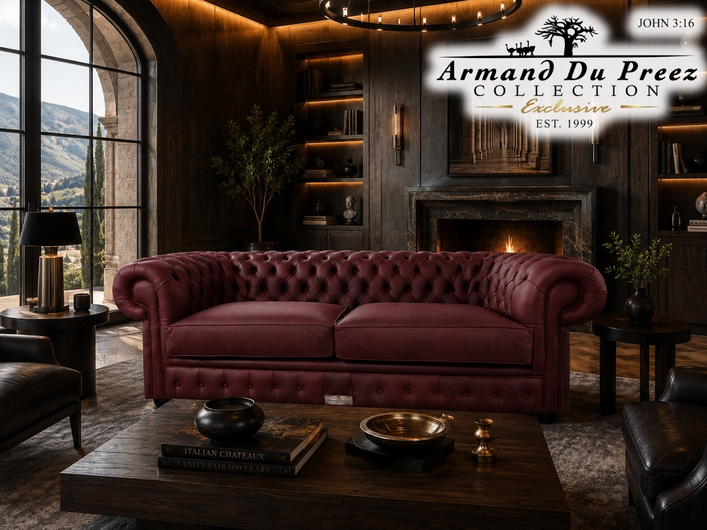 Chesterfield 3-Seater 2.1m Cherry Wood Red Genuine Leather | Furnworld International