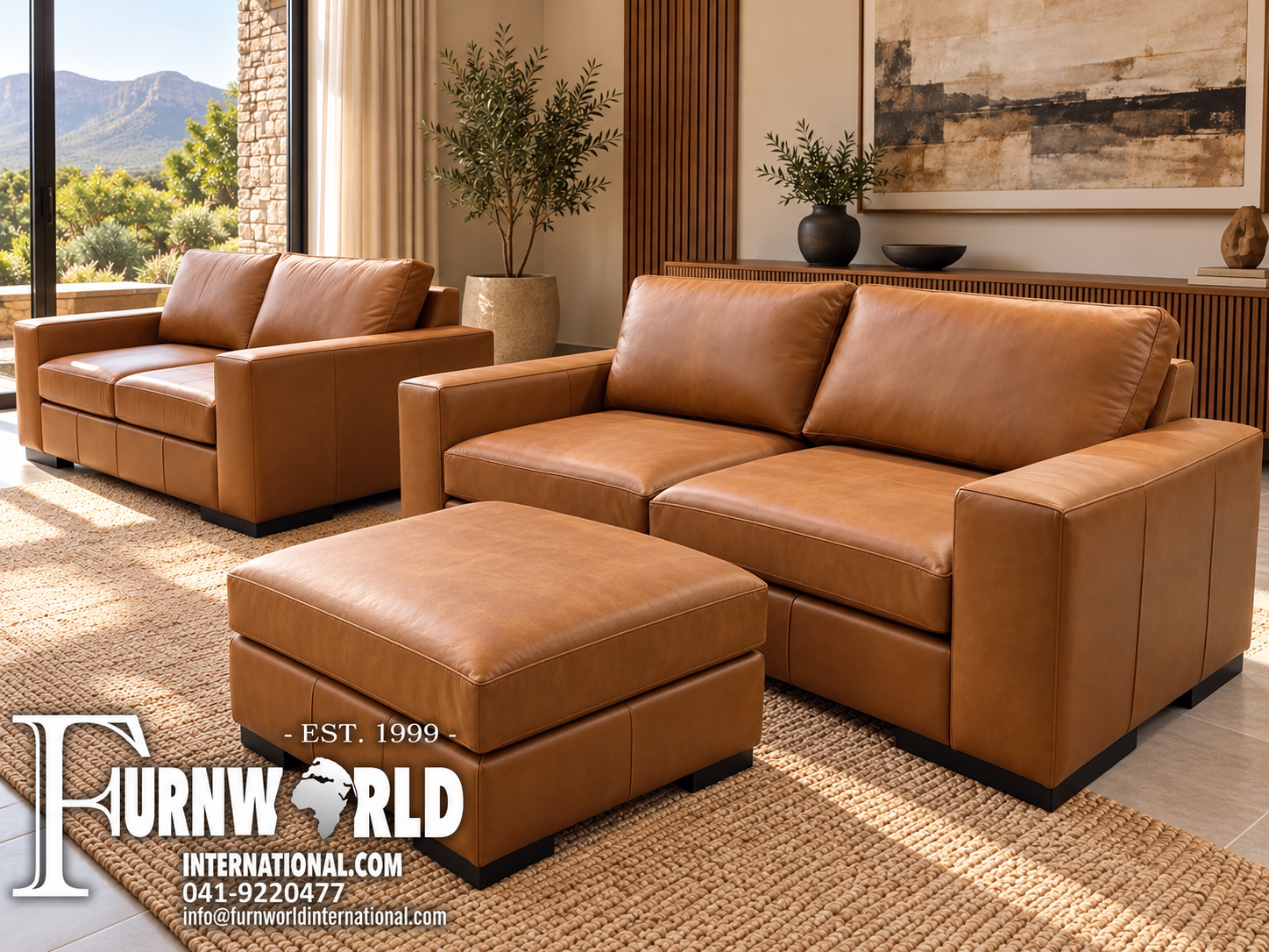 Two tan Impala genuine leather sofas and the optional matching ottoman in a warm living room, with Furnworld International branding